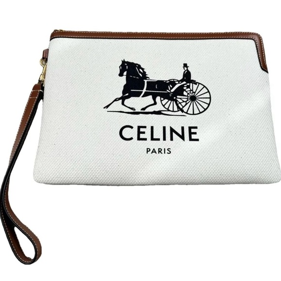 Celine White and Brown Canvas Clutch - Picture 1 of 7